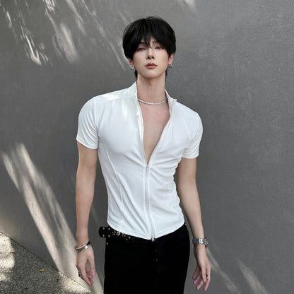Solid Color Zipper Short Sleeve T-Shirt WN25042