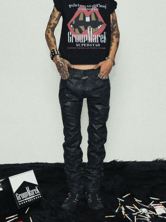 Vinyl Coated Waxed Straight Denim Jeans WN17221