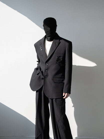 Flower Design Asymmetric Pocket Tailored Jacket & Trousers Setup WN23840