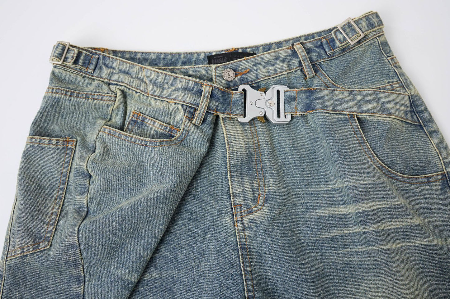 Washed Whisker Metal Buckle Denim Half Pants WN25513