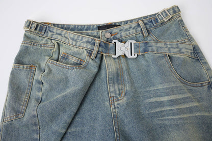 Washed Whisker Metal Buckle Denim Half Pants WN25513