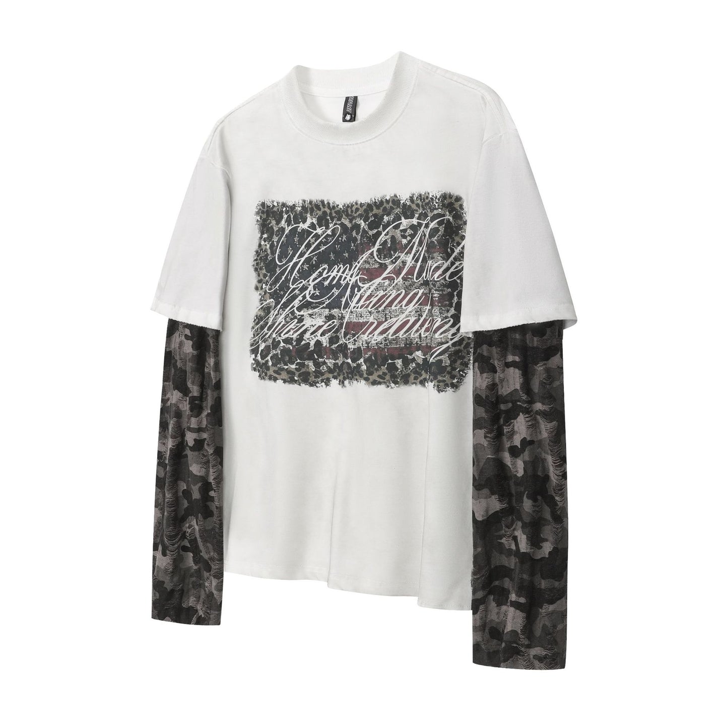 Fake Layered Camo Letter Print Washed Long Sleeve T-Shirt WN25609