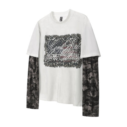 Fake Layered Camo Letter Print Washed Long Sleeve T-Shirt WN25609