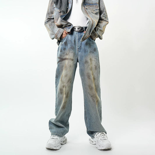 Stain Washed Design Wide Leg Denim Jeans WN17275