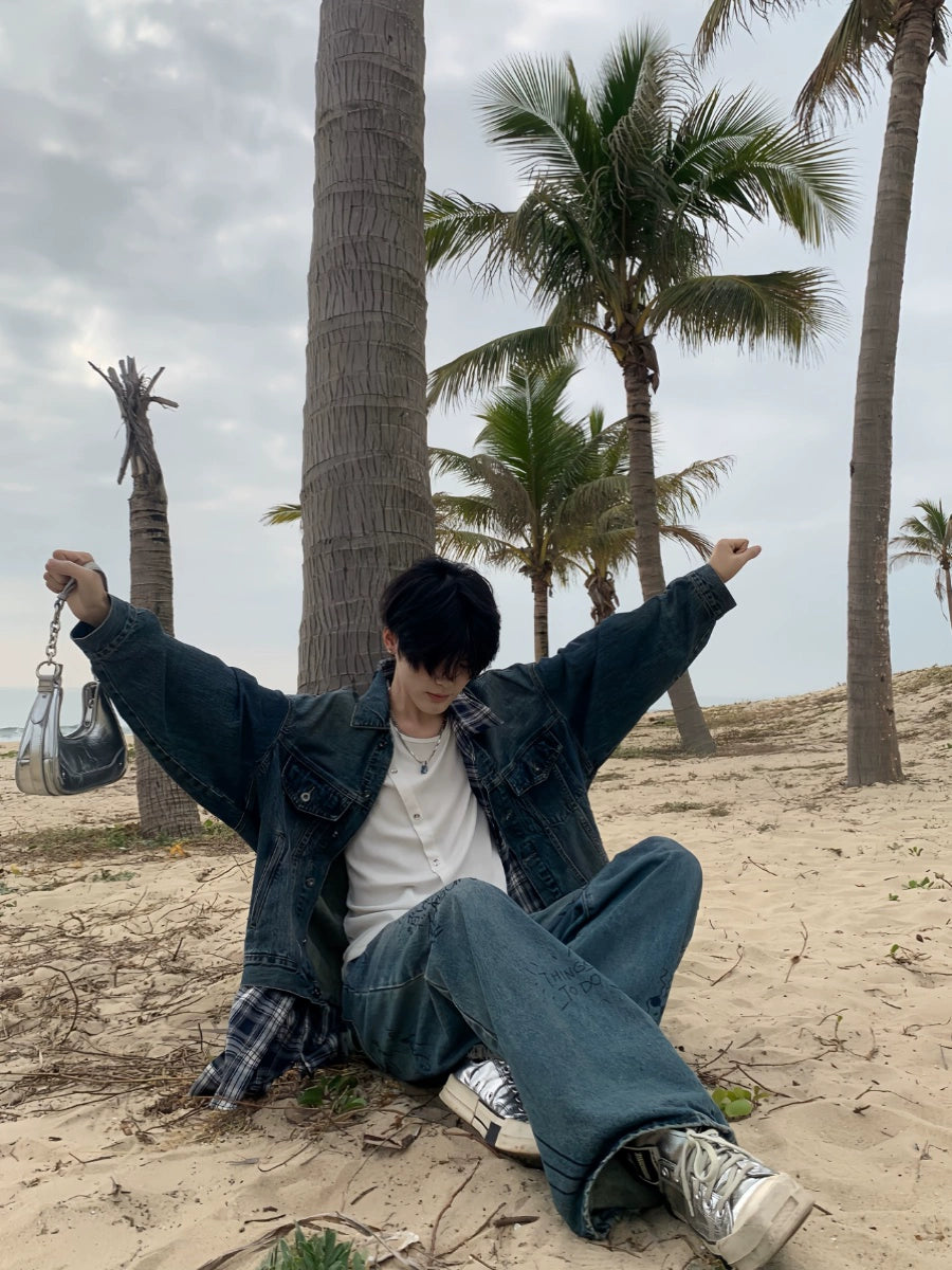 Plaid Patchwork Oversize Denim Jacket WN19769