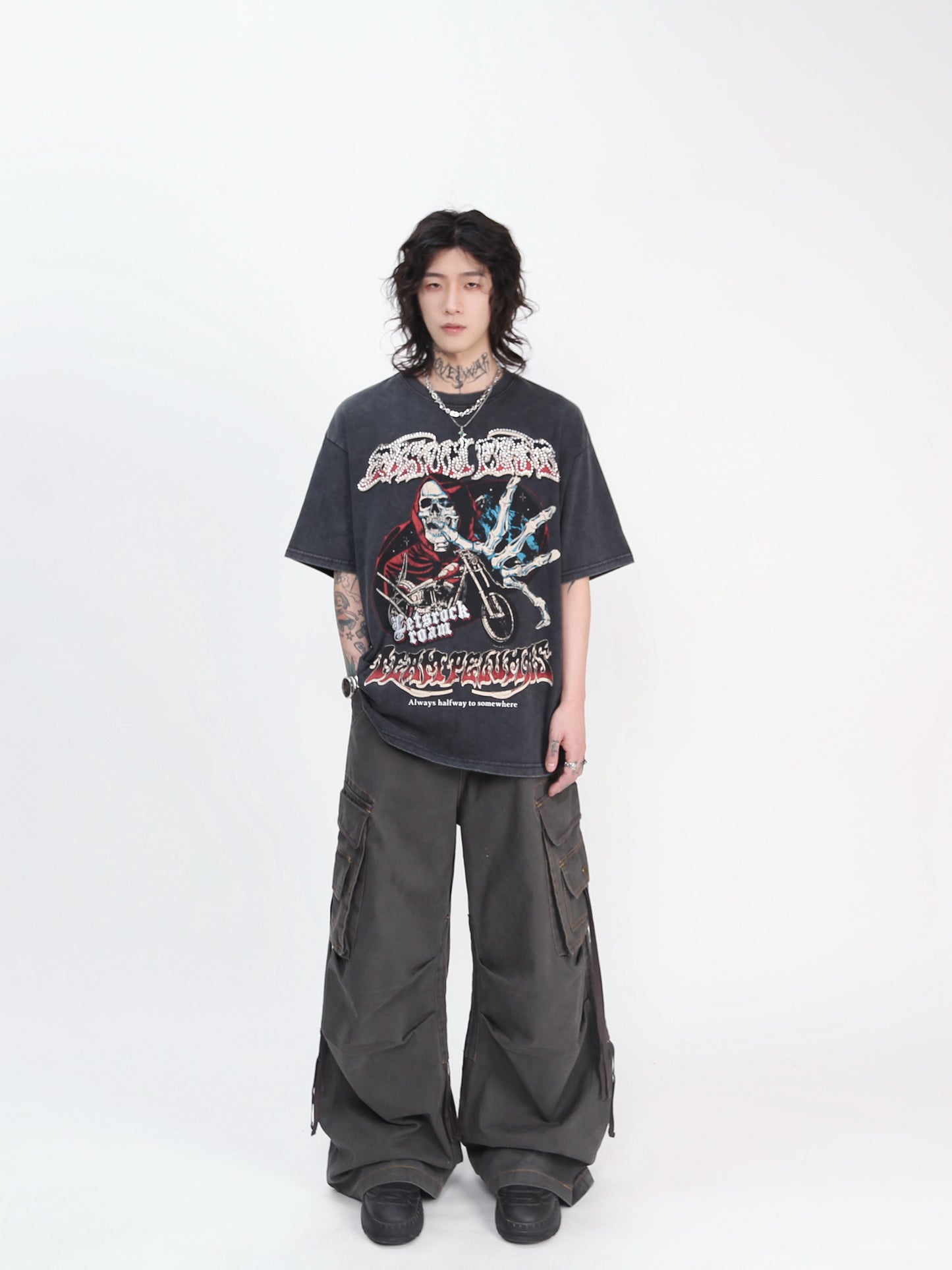 Skull Motorcycle Graphic Print Oversize Short Sleeve T-Shirt WN24496