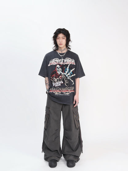 Skull Motorcycle Graphic Print Oversize Short Sleeve T-Shirt WN24496