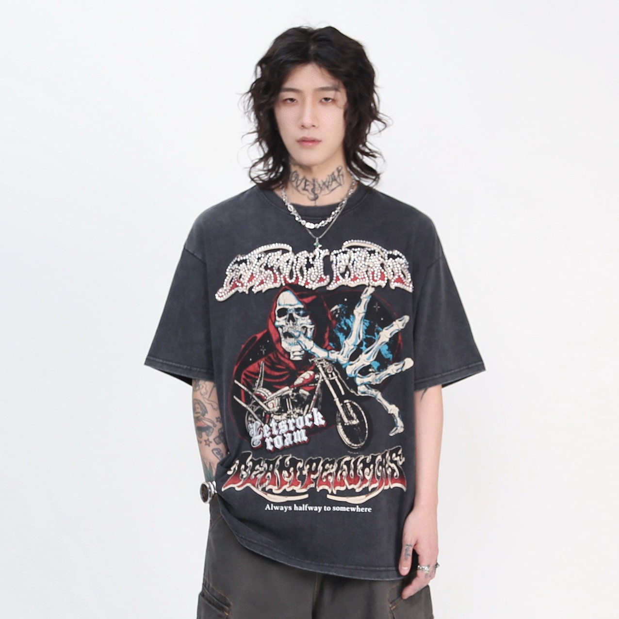 Skull Motorcycle Graphic Print Oversize Short Sleeve T-Shirt WN24496