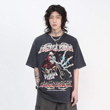 Skull Motorcycle Graphic Print Oversize Short Sleeve T-Shirt WN24496