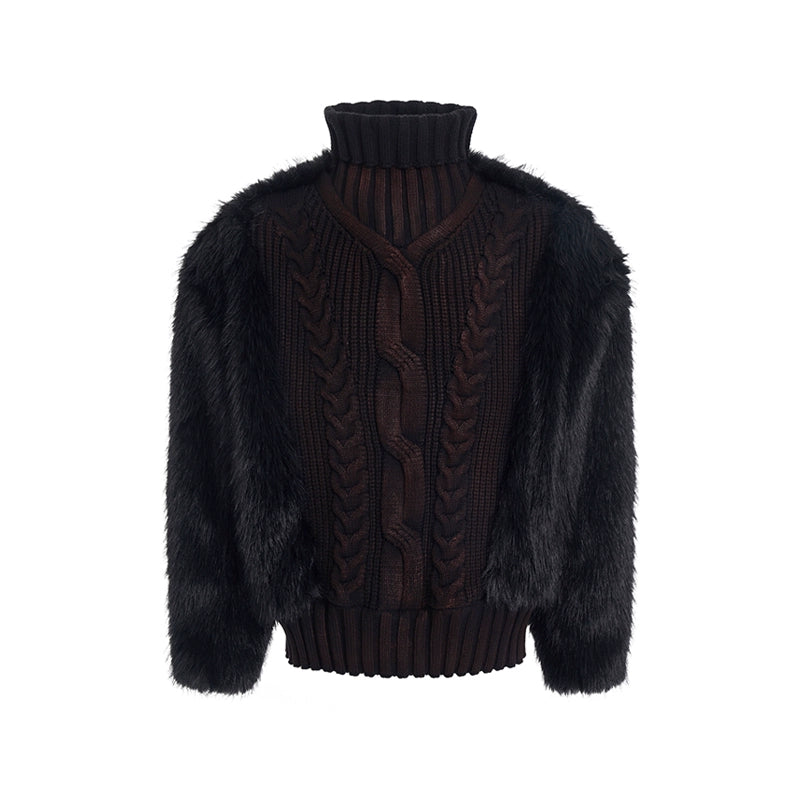 Fake Fur Splice High-Neck Thick Knit Sweater WN22657