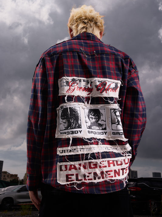 Patchwork Graffiti Washed Long Sleeve Shirt WN27155