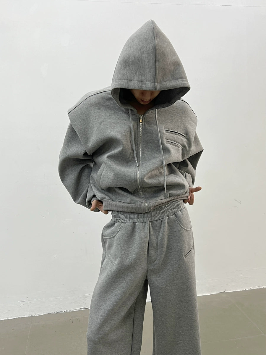 Shoulder Pad Short Zipper Hoodie & Wide Leg Sweatpants Setup WN7357