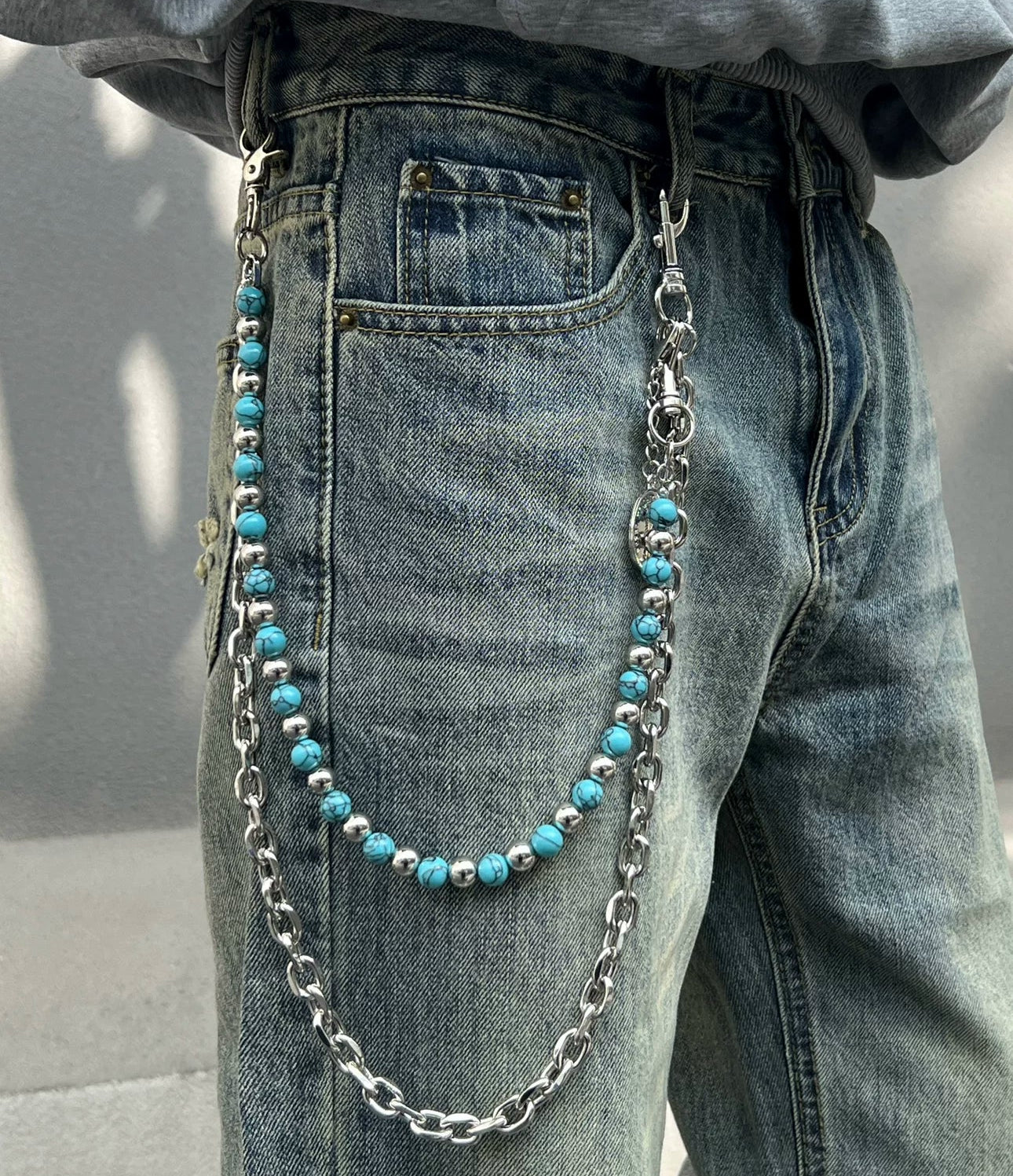 WN23191 Another Day x Blue Background Black Turquoise Hand-Beaded Jeans Chain Street Hanging Chain Detachable on One Side WN23191