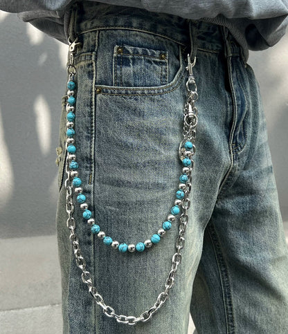 WN23191 Another Day x Blue Background Black Turquoise Hand-Beaded Jeans Chain Street Hanging Chain Detachable on One Side WN23191