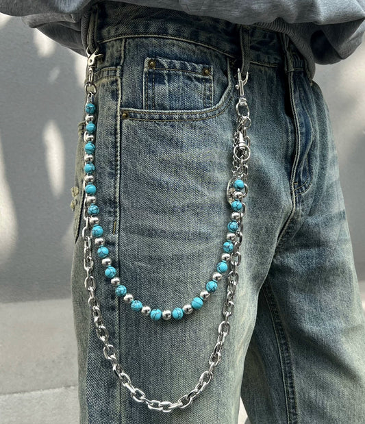 WN23191 Another Day x Blue Background Black Turquoise Hand-Beaded Jeans Chain Street Hanging Chain Detachable on One Side WN23191