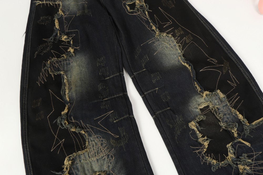 Damage Paint Graphic Wide Leg Denim Jeans WN28083