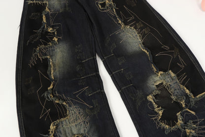 Damage Paint Graphic Wide Leg Denim Jeans WN28083