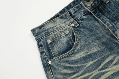 Whisker Damage Wide Leg Denim Jeans WN25973