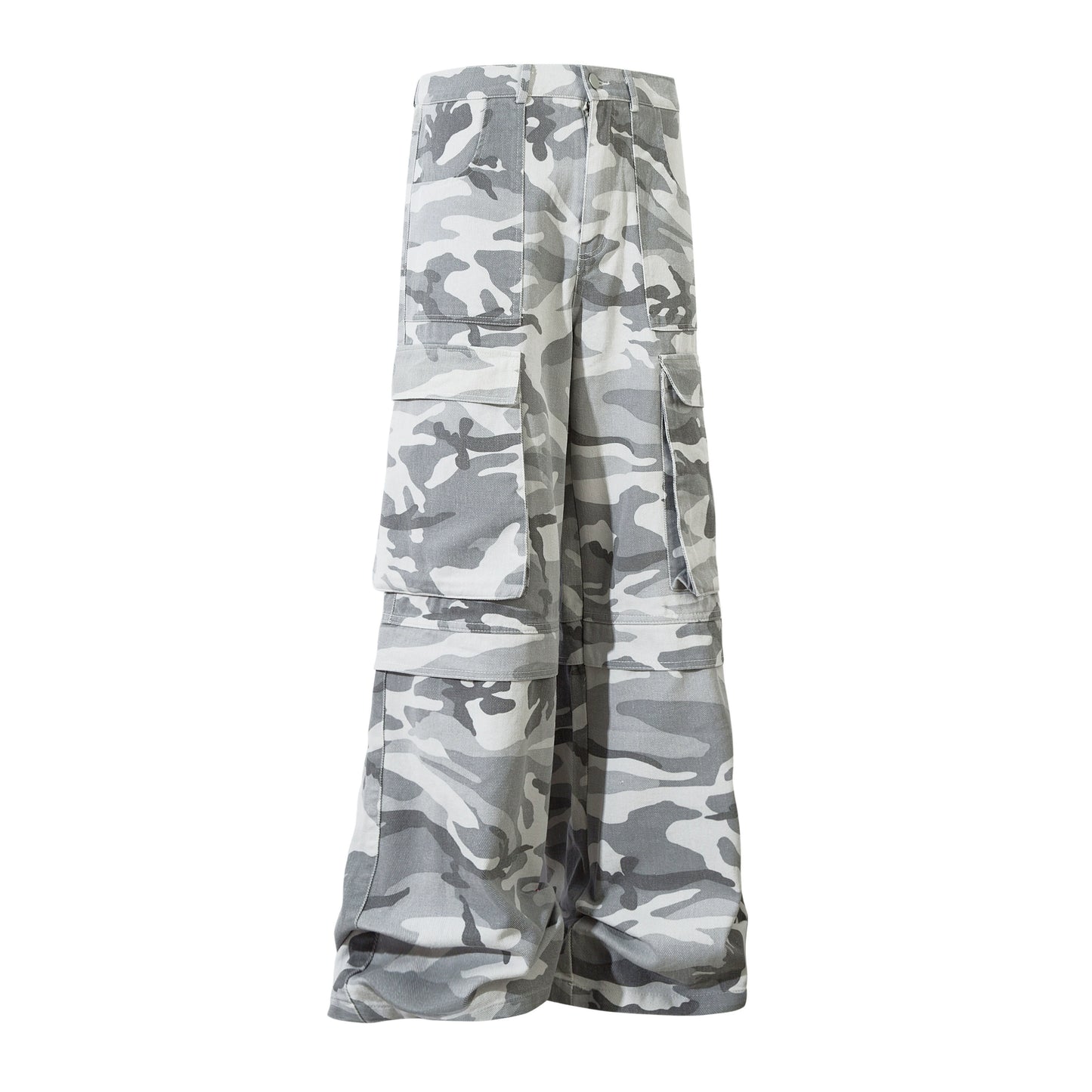 White Camouflage Pocket Wide Leg Straight Cargo Pants WN8232