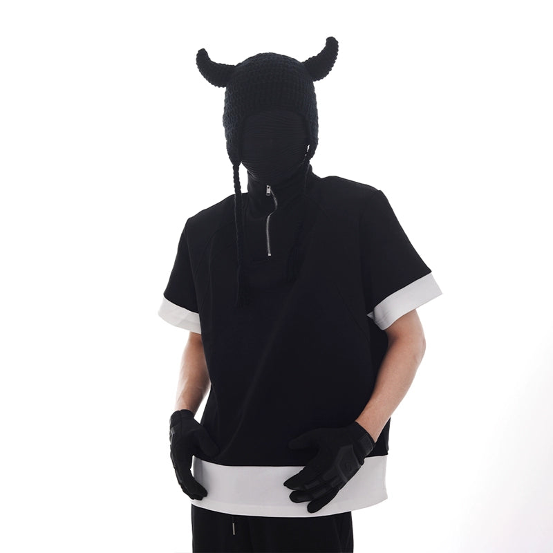 Half Zipper Stand Neck Shoulder-Pad Short Sleeve T-Shirt & Sweatpants Setup WN18620