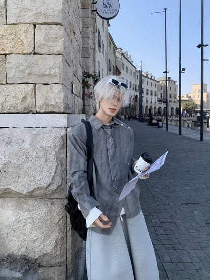 Asymmetrical Button Metal Necktie Long Sleeve Shirt WN19808