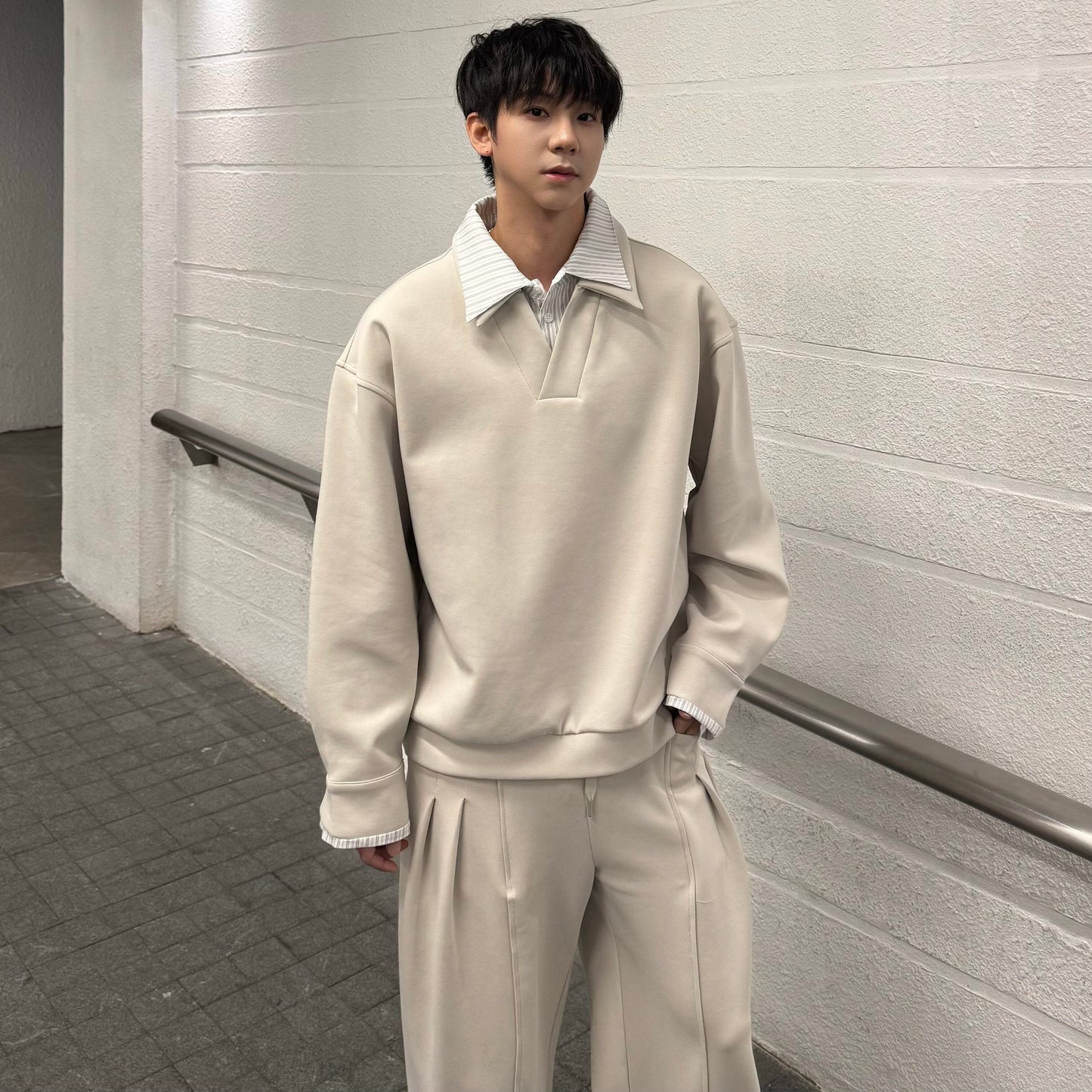 Fake Layered Striped-Collar Oversize Long Sleeve T-Shirt & Draped Wide Leg Pants Setup WN25224