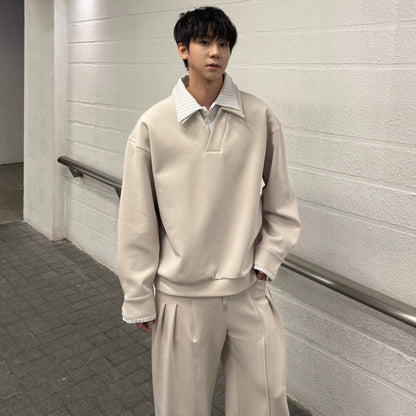Fake Layered Striped-Collar Oversize Long Sleeve T-Shirt & Draped Wide Leg Pants Setup WN25224