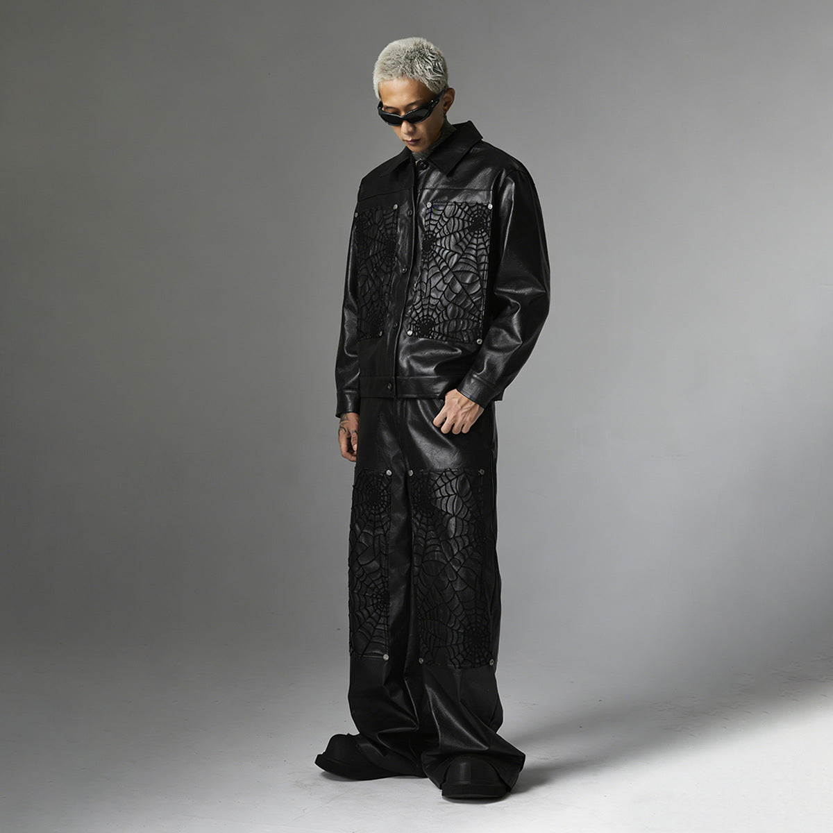 Snap-Button Emboss PU Leather Jacket &PU Leather Wide Leg Pants Setup WN23095-K