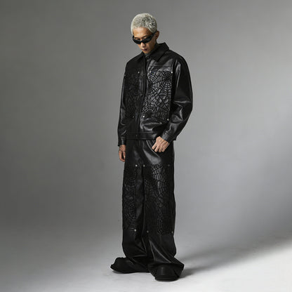 Snap-Button Emboss PU Leather Jacket &PU Leather Wide Leg Pants Setup WN23095-K