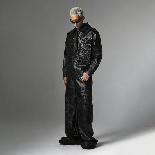 Snap-Button Emboss PU Leather Jacket &PU Leather Wide Leg Pants Setup WN23095-K