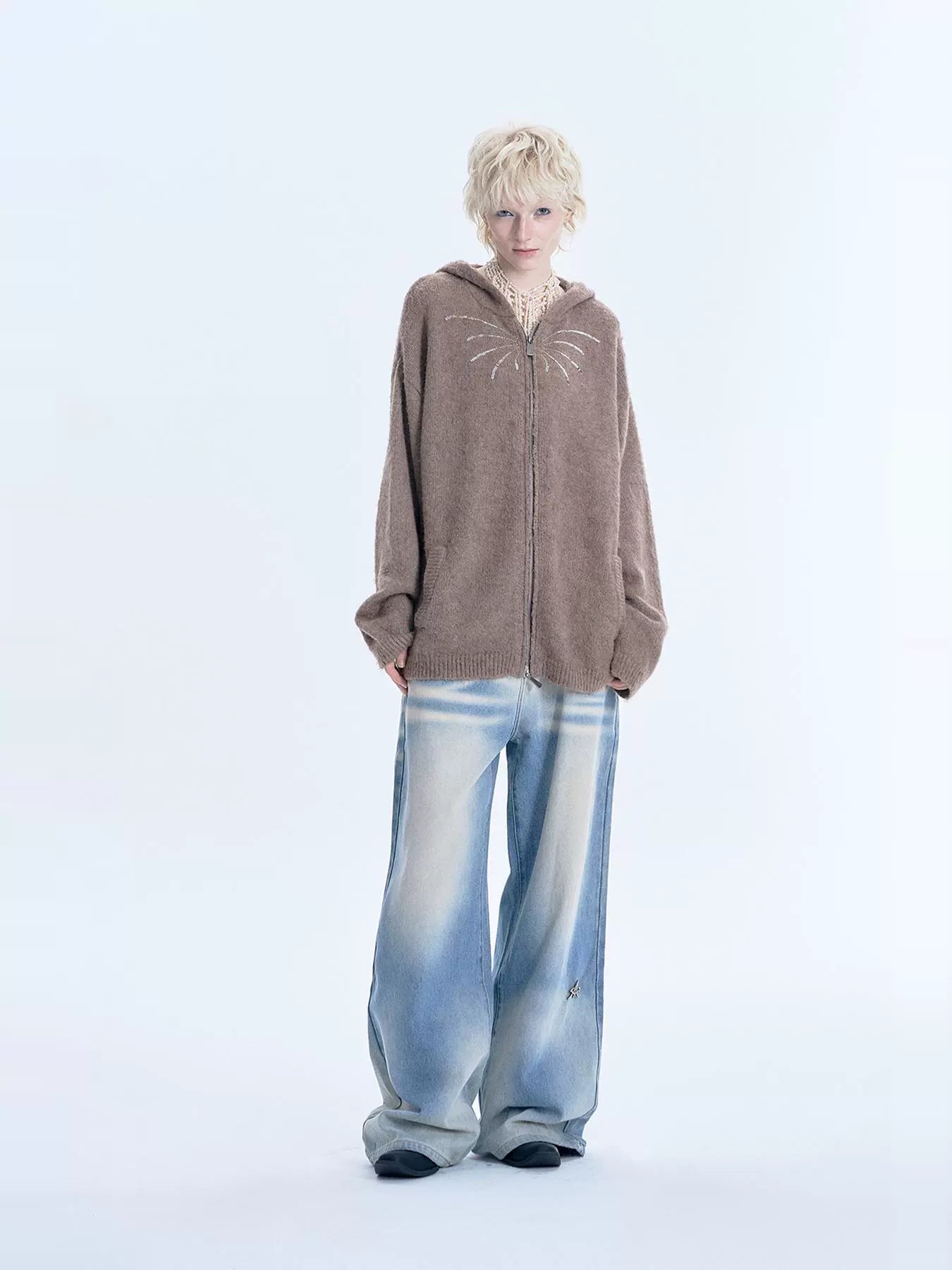 Sequin Embroidery Wool Zipper Hoodie WN18949