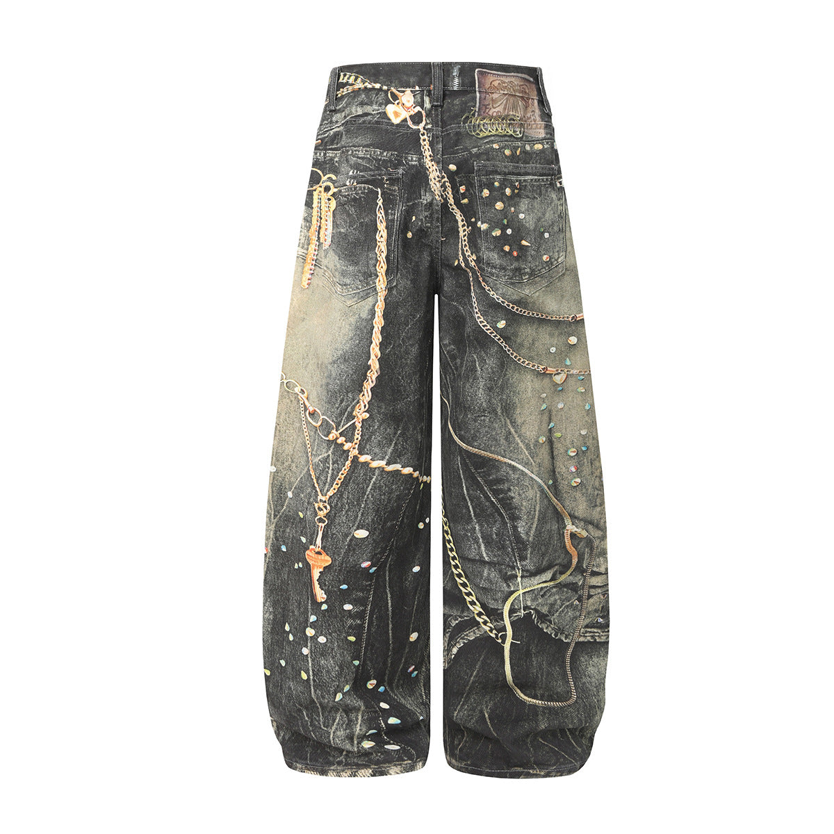 Chain Paint  3D Print Washed Wide Leg Denim Jeans WN25475