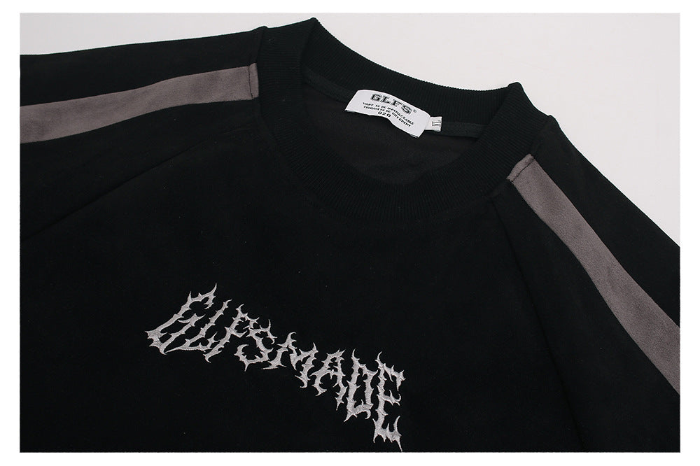 Heavyweight Suede Panel Embroidery Short Sleeve T-Shirt WN26494