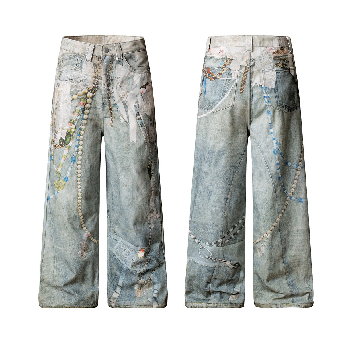 3D Print Washed Wide Leg Denim Jeans WN23038