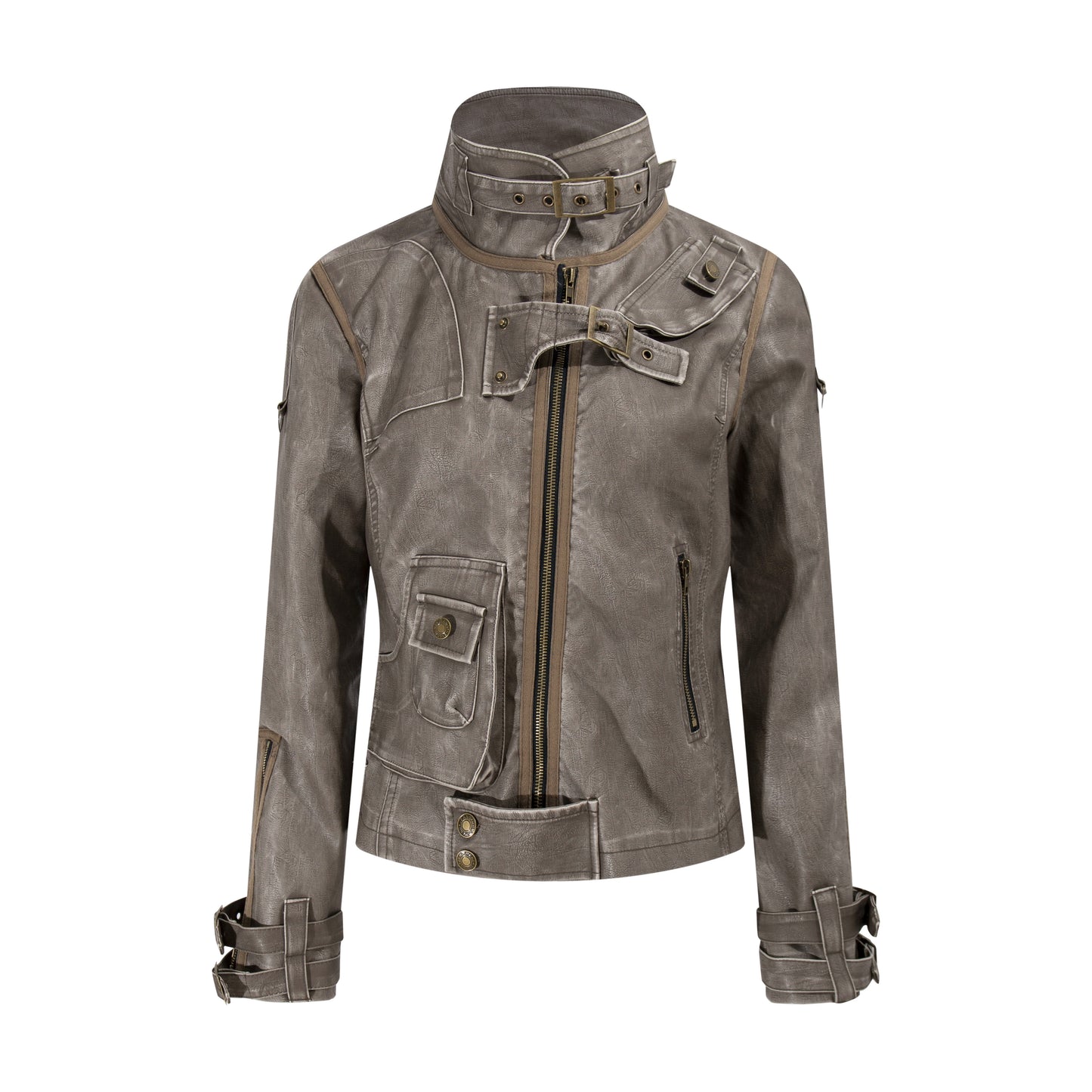 Deconstruction Washed Damage PU Leather Jacket WN21355
