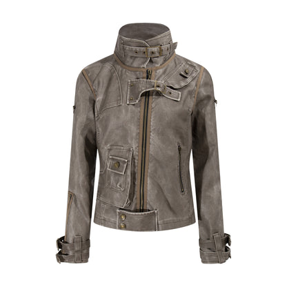 Deconstruction Washed Damage PU Leather Jacket WN21355