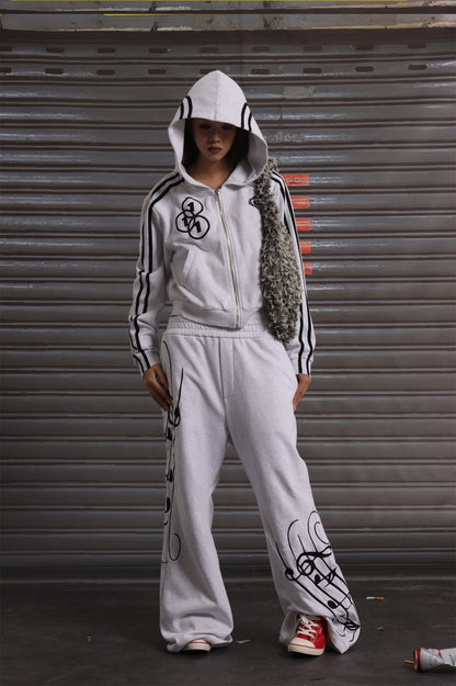 Side Line Short Zipper Hoodie & Wide Leg Sporty Sweatpants Setup WN19053
