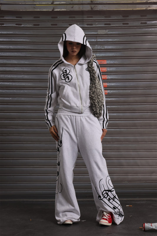 Side Line Short Zipper Hoodie & Wide Leg Sporty Sweatpants Setup WN19053