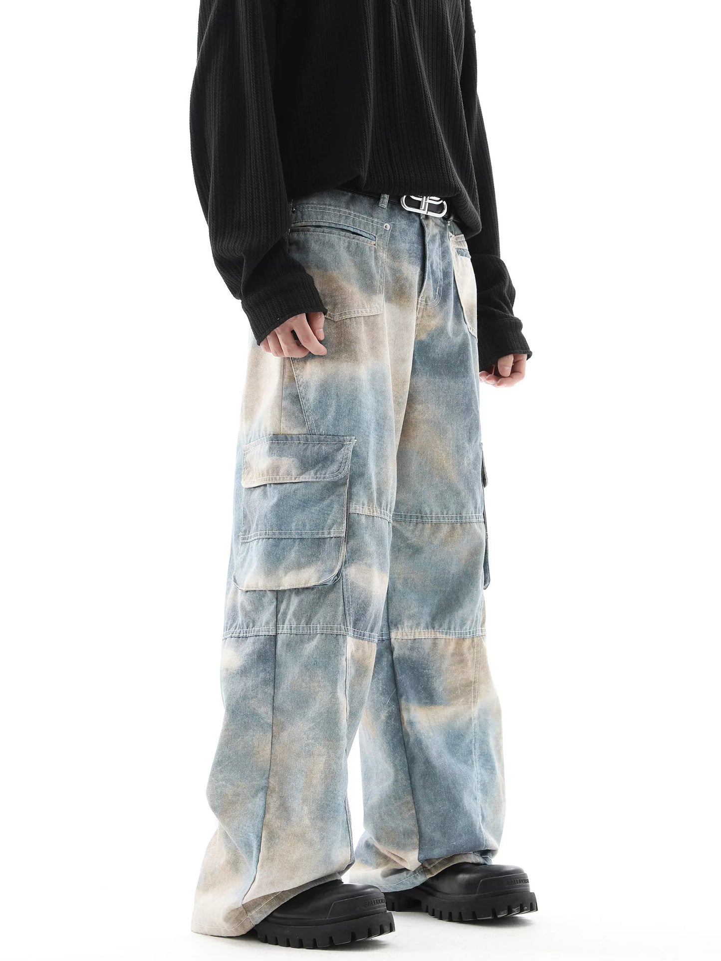 Tie-Dye Gradient Multi-Pocket Wide-Leg Cargo Denim Jeans WN10353