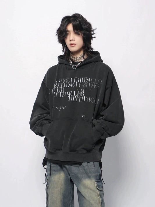 Washed Letter Print Pullover Hoodie WN13159