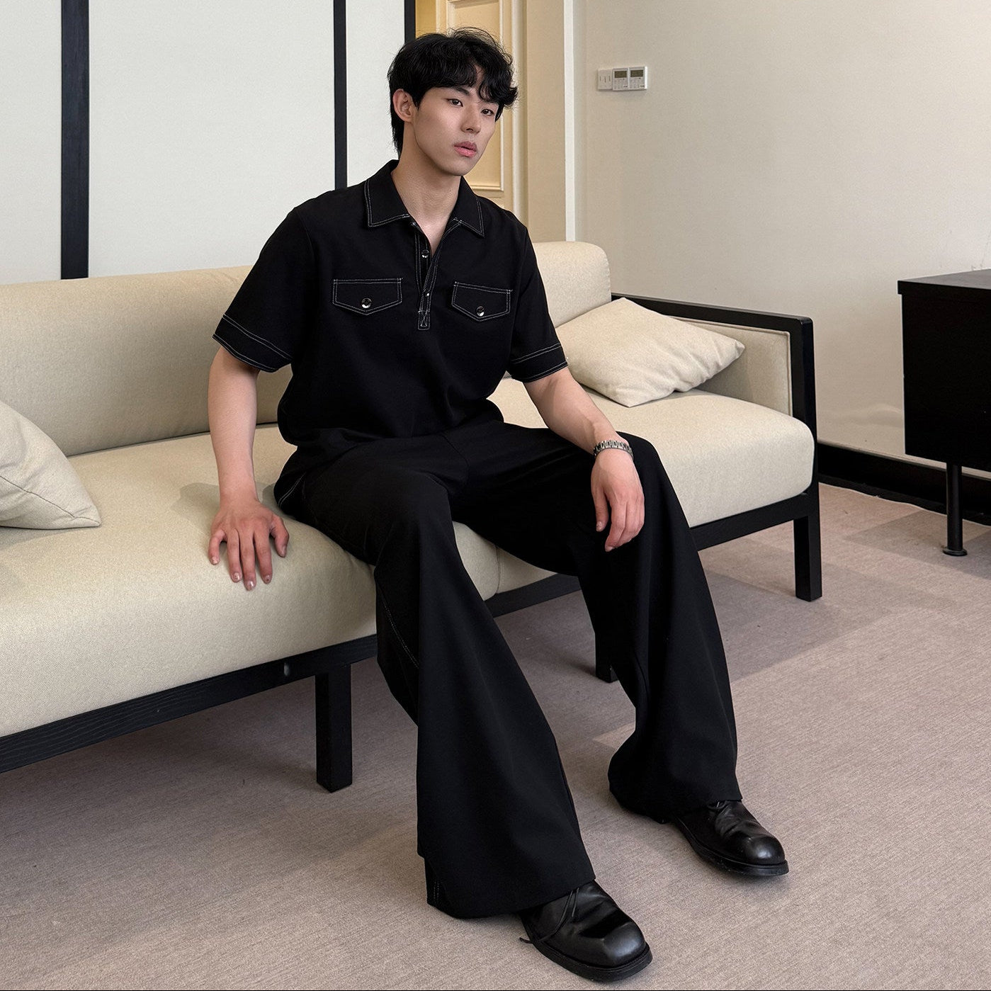 Contrast Stitch Short Sleeve Shirt & Wide Leg Trousers Setup WN24871