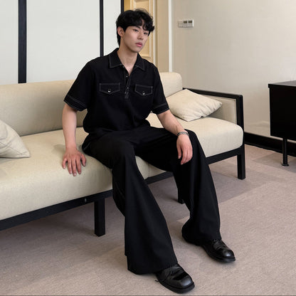 Contrast Stitch Short Sleeve Shirt & Wide Leg Trousers Setup WN24871