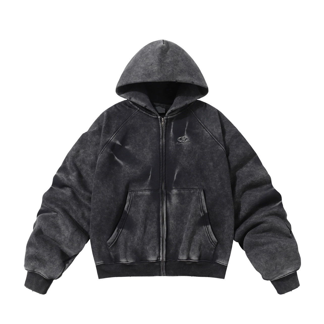 Washed Wrinkle Sleeve Fleece Linning Zipper Hoodie WN10955