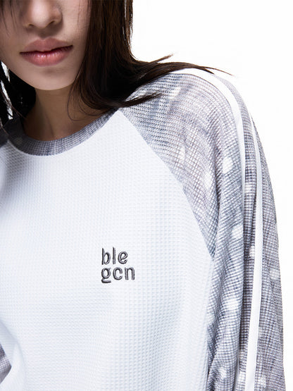 Waffle Contrast-Tape Embroidery Raglan Long Sleeve T-Shirt WN27323