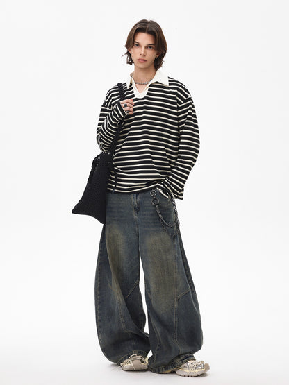 Stripe Polo-Collar Knit Long Sleeve Polo Shirt WN21448