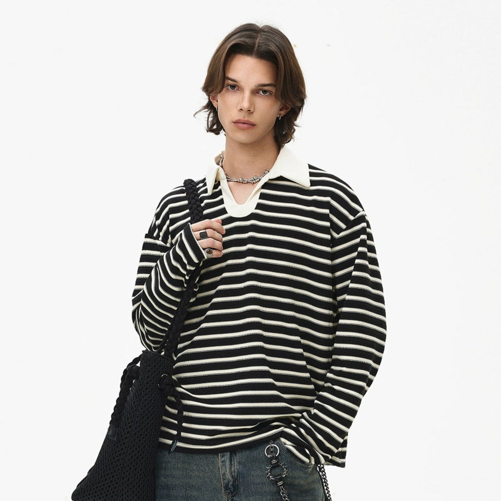 Stripe Polo-Collar Knit Long Sleeve Polo Shirt WN21448