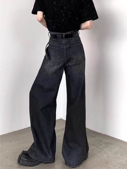 Washed Damage Wide-Leg Straight Denim Jeans WN7054