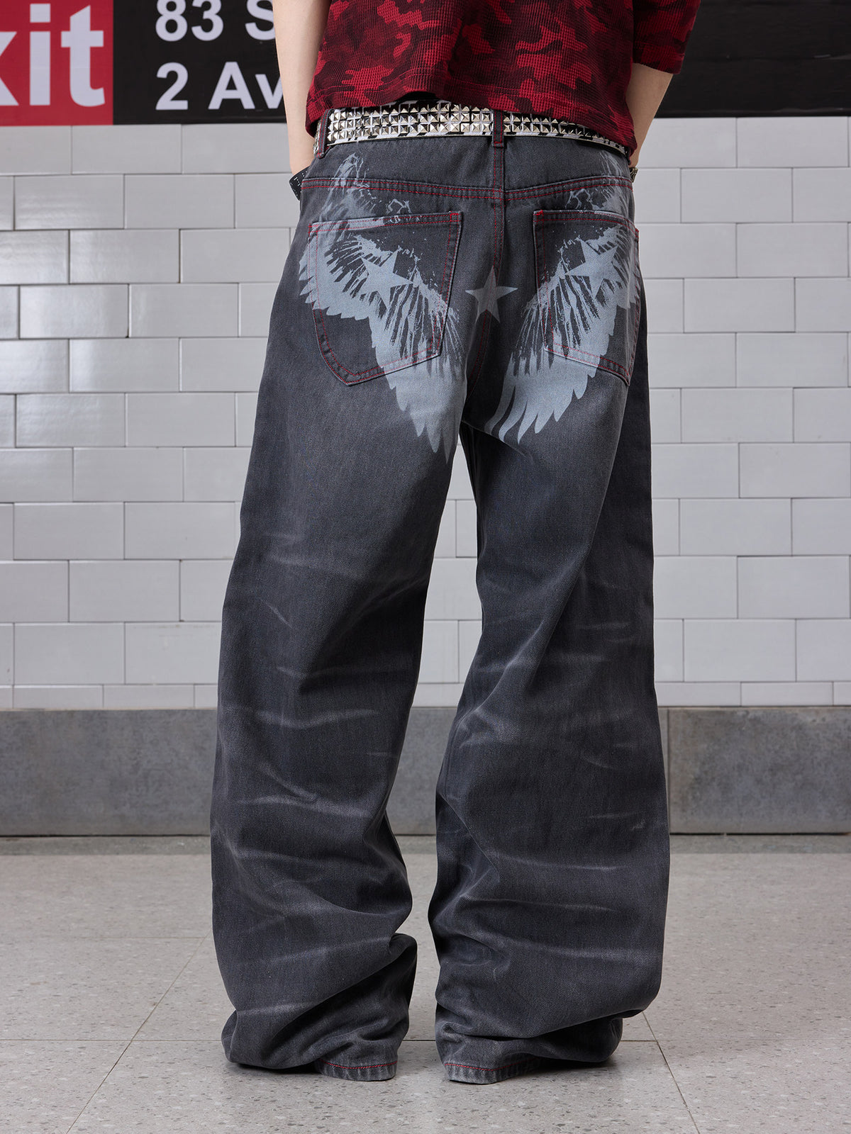 Washed Wing Star Print Wide Leg Denim Jeans WN27219