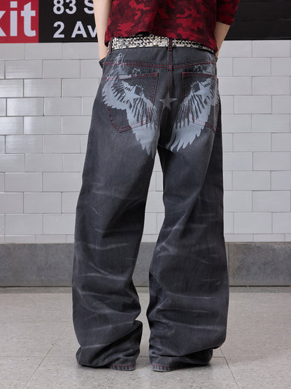 Washed Wing Star Print Wide Leg Denim Jeans WN27219