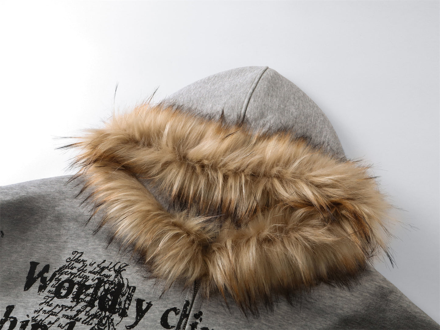 Fake Fur Collar Print Zipper Hoodie WN10999